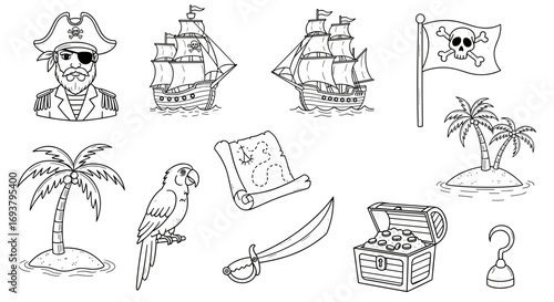 Outlined pirate themed illustration with ship parrot and treasure chest