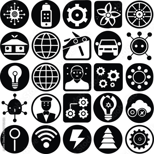 Diverse set of modern tech and internet of things icons featuring connectivity automation and smart devices in a clean grid layout