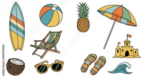 A collection of beach themed items including a surfboard and pineapple