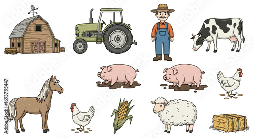 A colorful illustration of a farm scene with animals and a farmer