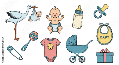 A collection of baby themed items including a stork and a baby carriage
