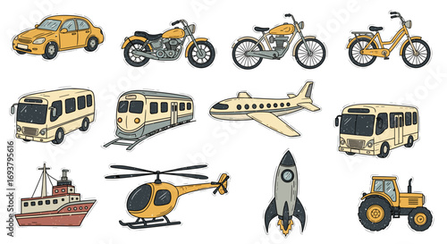 Collection of cartoon vehicles including cars motorcycles and aircraft