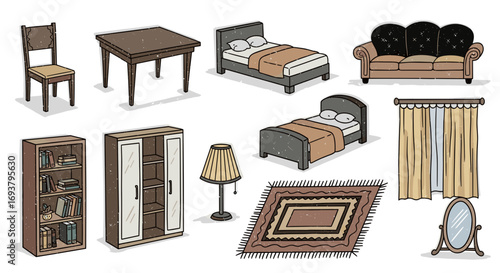A collection of furniture including beds sofa and bookshelves arranged