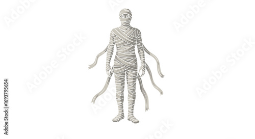 A standing mummy wrapped in bandages with loose hanging bandage strips