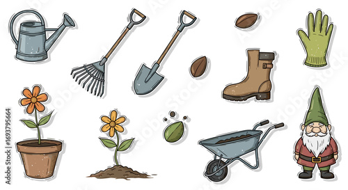 Illustration of gardening tools, plants, seeds, and a garden gnome figure