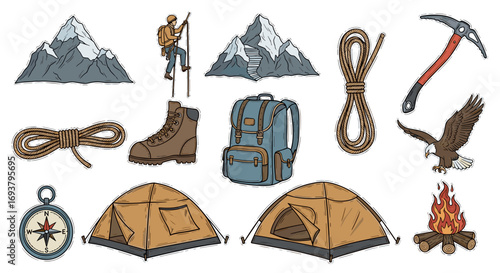 Illustration of camping gear and outdoor adventure related equipment