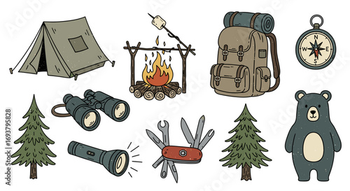 Illustration of camping gear including tent, campfire, and backpack item