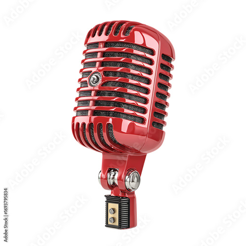 Vintage red microphone, 3D rendered, glossy metallic finish, retro classic style, isolated on clean white background