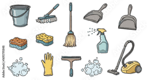 Illustration of various cleaning supplies including bucket and broom tool