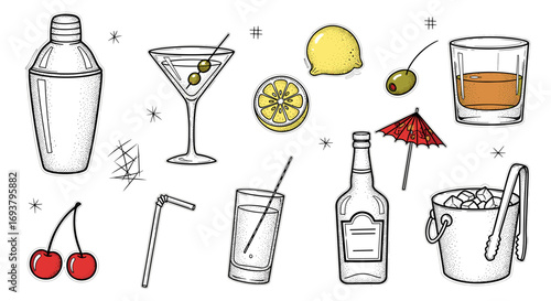Illustration of various cocktail ingredients and bar accessories art