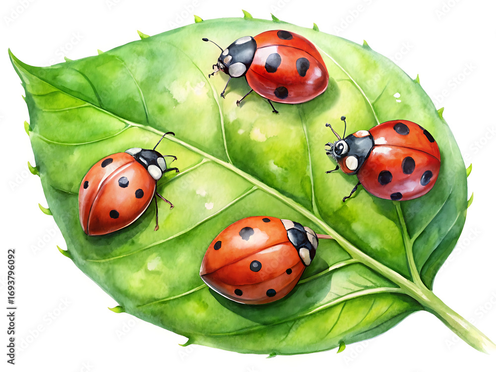 Fototapeta premium Watercolor illustration of ladybugs on a green leaf isolated on white background, depicting natures beauty