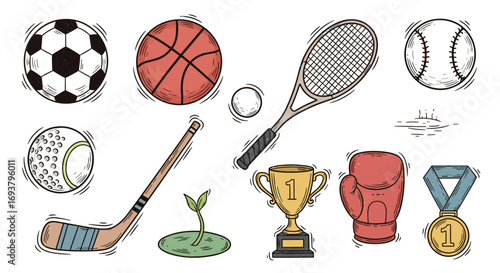 Illustration of various sports equipment and sporting achievements items