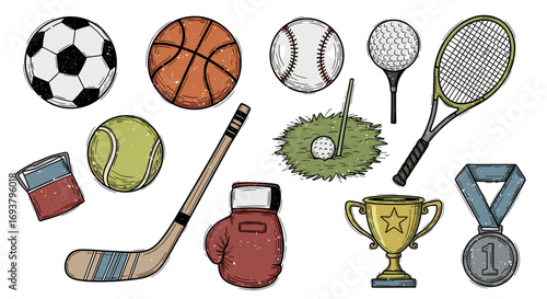 Illustration of various sports equipment and a trophy and a medal item
