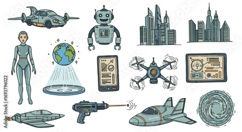 Illustration of futuristic technology elements and science fiction items