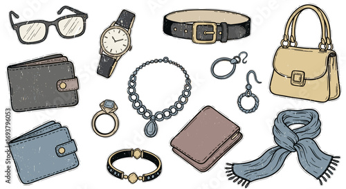 Assortment of fashion accessories including jewelry and personal items
