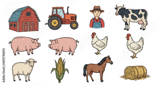 Illustration of a farm scene with animals, crops, and farm equipment