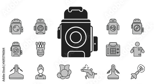 Collection of various medical and laboratory equipment in grayscale style
