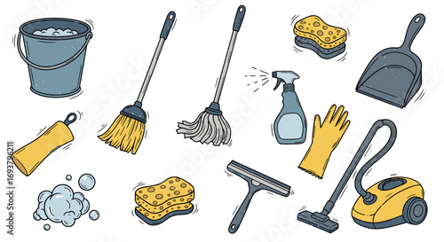 Illustration showing various cleaning tools and equipment for household use