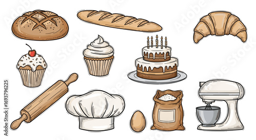 A collection of bakery items including bread cake and baking supplies