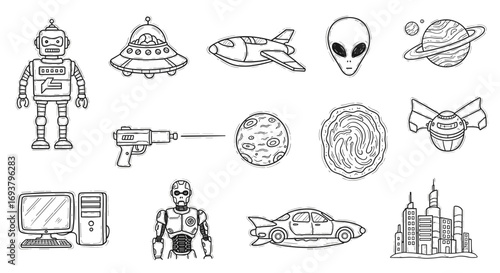 Illustration of science fiction elements including robots and spaceships