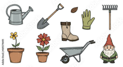 Illustration of gardening tools and accessories on a white background