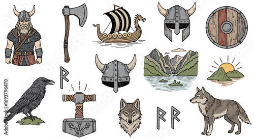 Illustration showing viking elements including warrior ship and landscape