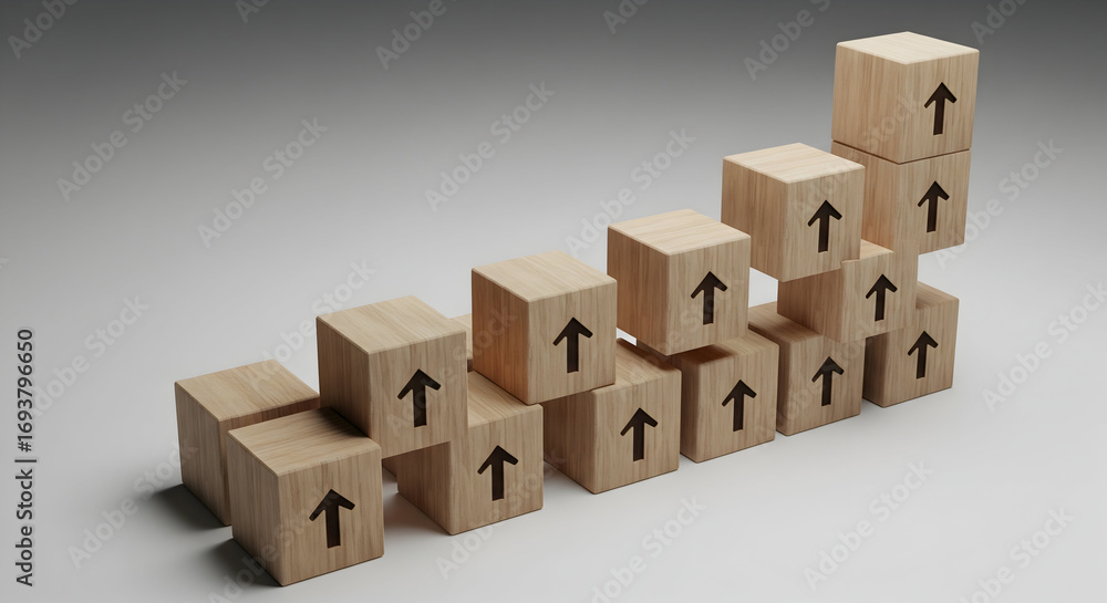 Fototapeta premium Wooden blocks stacked in ascending stair pattern with upward arrows symbolizing growth and success