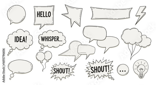 Collection of hand drawn speech bubbles and thought clouds on white paper