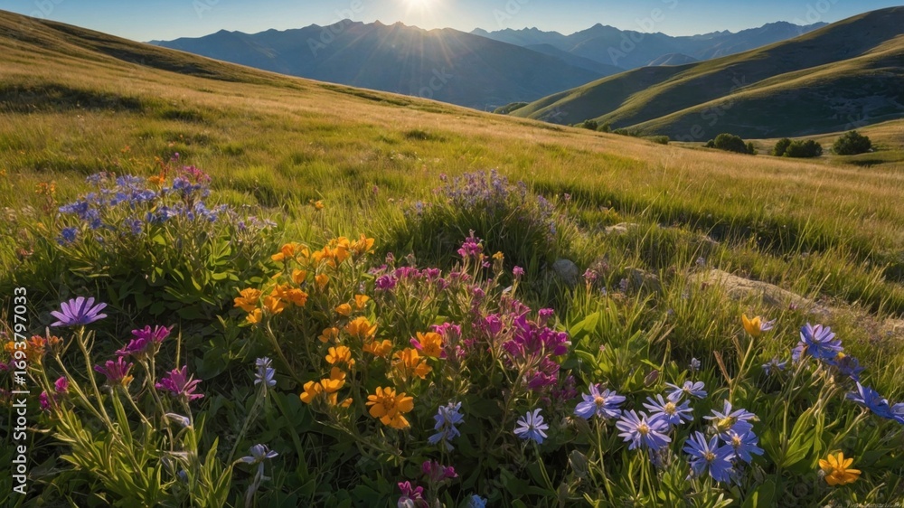 Obraz premium Vibrant wildflowers blooming in a lush grassy field with majestic mountains under a sunrise sky