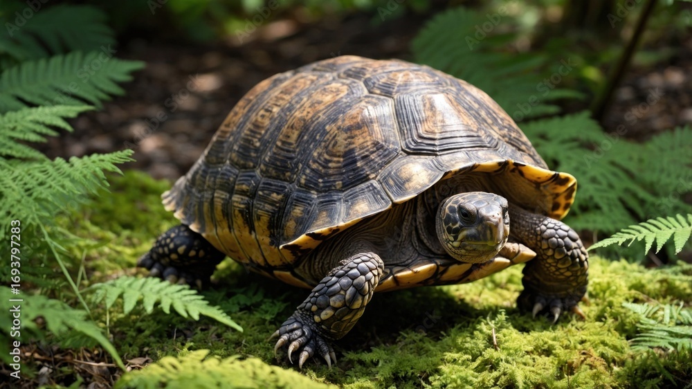 Obraz premium A tortoise slowly crawling over lush green moss in a serene forest, surrounded by ferns and soft sunlight