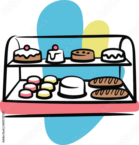 Delicious bakery display with cakes and pastries ready for purchase and enjoyment