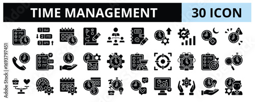 30 Time Management Glyph Icons Vector - Organization, Agenda, Efficiency, Deadline Management, Time Tracking, Time Discipline 