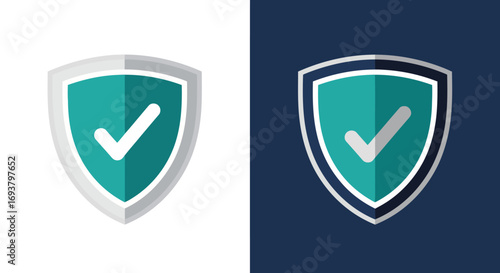 Vector illustration of modern shield icon with a checkmark, symbolizing security and protection, presented on both white and dark blue backgrounds