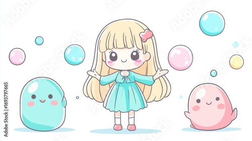 Cute cartoon girl in a blue dress surrounded by smiling bubbles and floating bubble-like characters