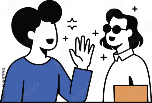 Two friends high-fiving in celebration, teamwork, and success with a cheerful vibe