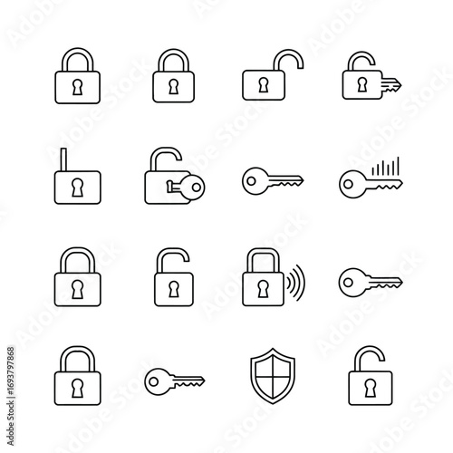 Vector illustration of set of outline icons representing locks, keys, and a shield, indicating security and access control
