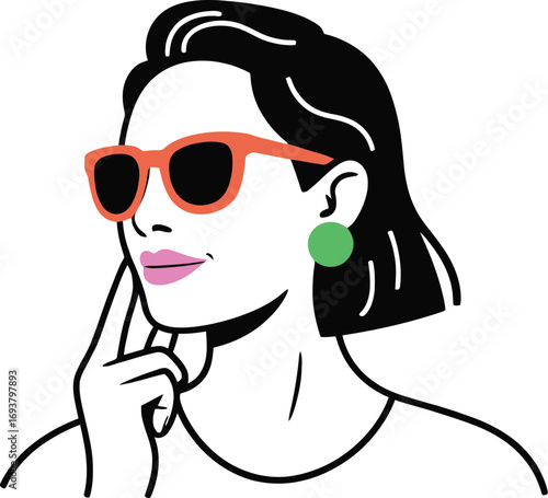 Stylish woman in sunglasses contemplating a decision, modern design illustration