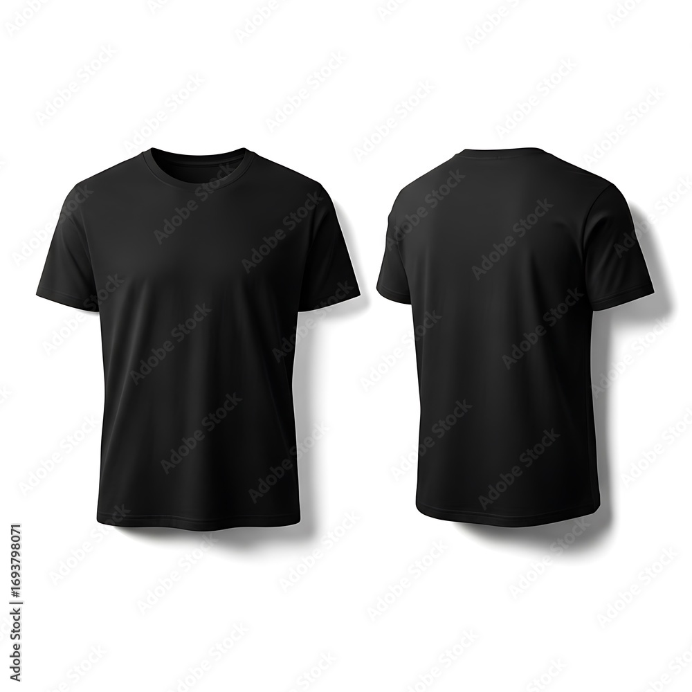 Naklejka premium Blank black t-shirt mockup, front and back views, displays a simple, versatile design.