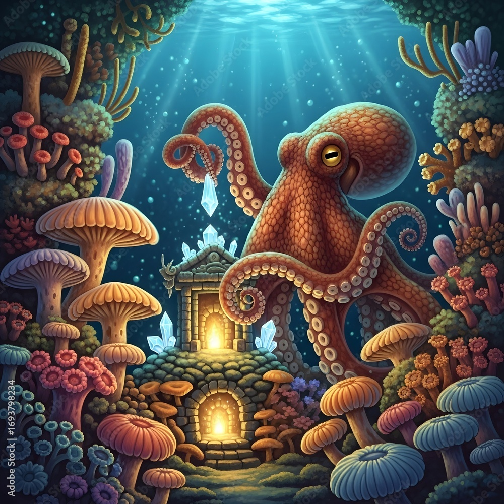 Obraz premium Fantasy illustration of a magical ocean scene featuring a seahorse, a luminous jellyfish, and a forest of underwater mushrooms
