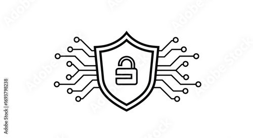 Vector illustration of digital security shield with padlock and circuit board lines, cybersecurity concept