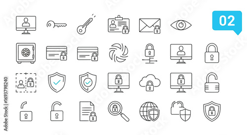 Vector illustration of collection of security and privacy icons, including locks, shields, safes, and digital access