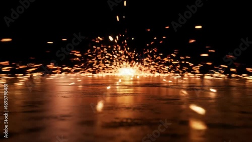 Abstract sparks and light flares on dark floor creating dynamic technology background concept.