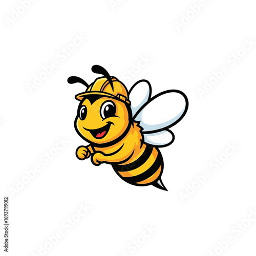 Marketable Mascot Logo of a Cheerful Bee Wearing a Hard Hat Buzzing Happily