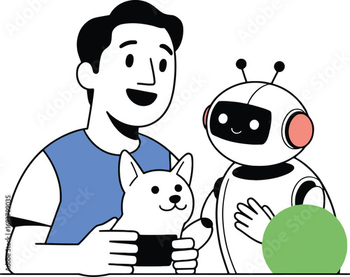 Man, dog, and robot sharing a moment of connection and joy in modern design