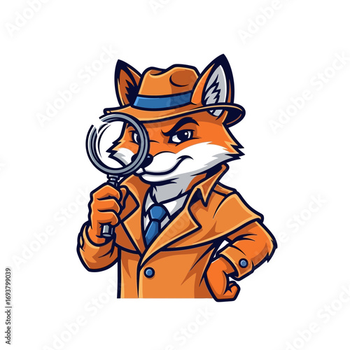 Marketable Mascot Logo Cunning Fox Detective Character with Magnifying Glass