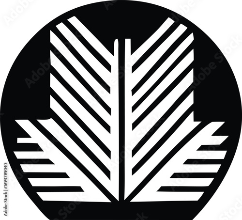 Abstract geometric symbol with upward and downward facing leaf-like shapes within a circle monochromatic design