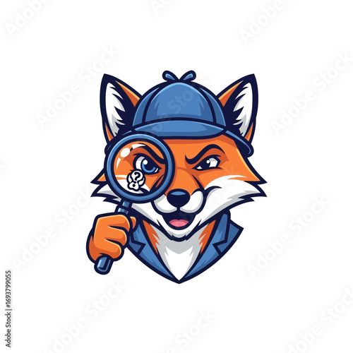 Marketable Mascot Logo Cunning Fox Detective Character Magnifying Glass Business Identity