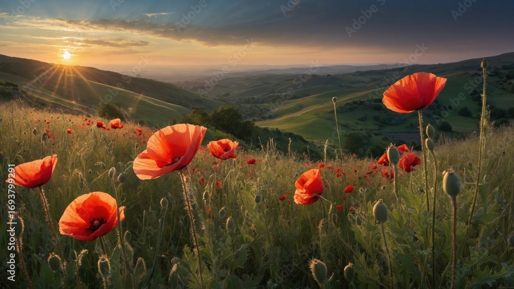 Fototapeta premium Vibrant poppy flowers bloom in a sunlit meadow, showcasing nature's beauty during sunset