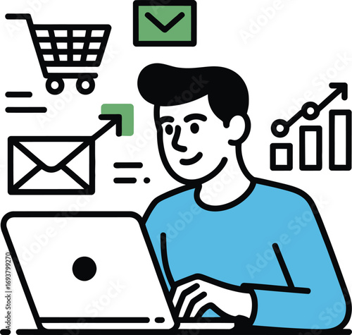 Young man working on laptop, analyzing sales data, online shopping, and email marketing