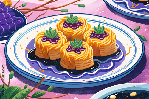 Chinese sachima dessert, sweet fried strands of dough bound with syrup, crispy northern pastry, cultural delicacy